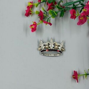 Vintage Serialized Silver and Pearl Crown Ring with Ruby Red Crystal Accents